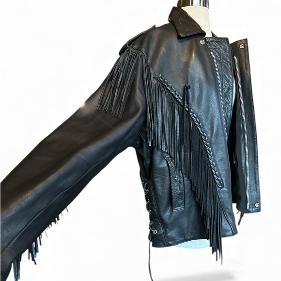 Unik - Black Leather Jacket with Fringe and Braiding Design Sz L/XL 48 - Picture 5 of 11